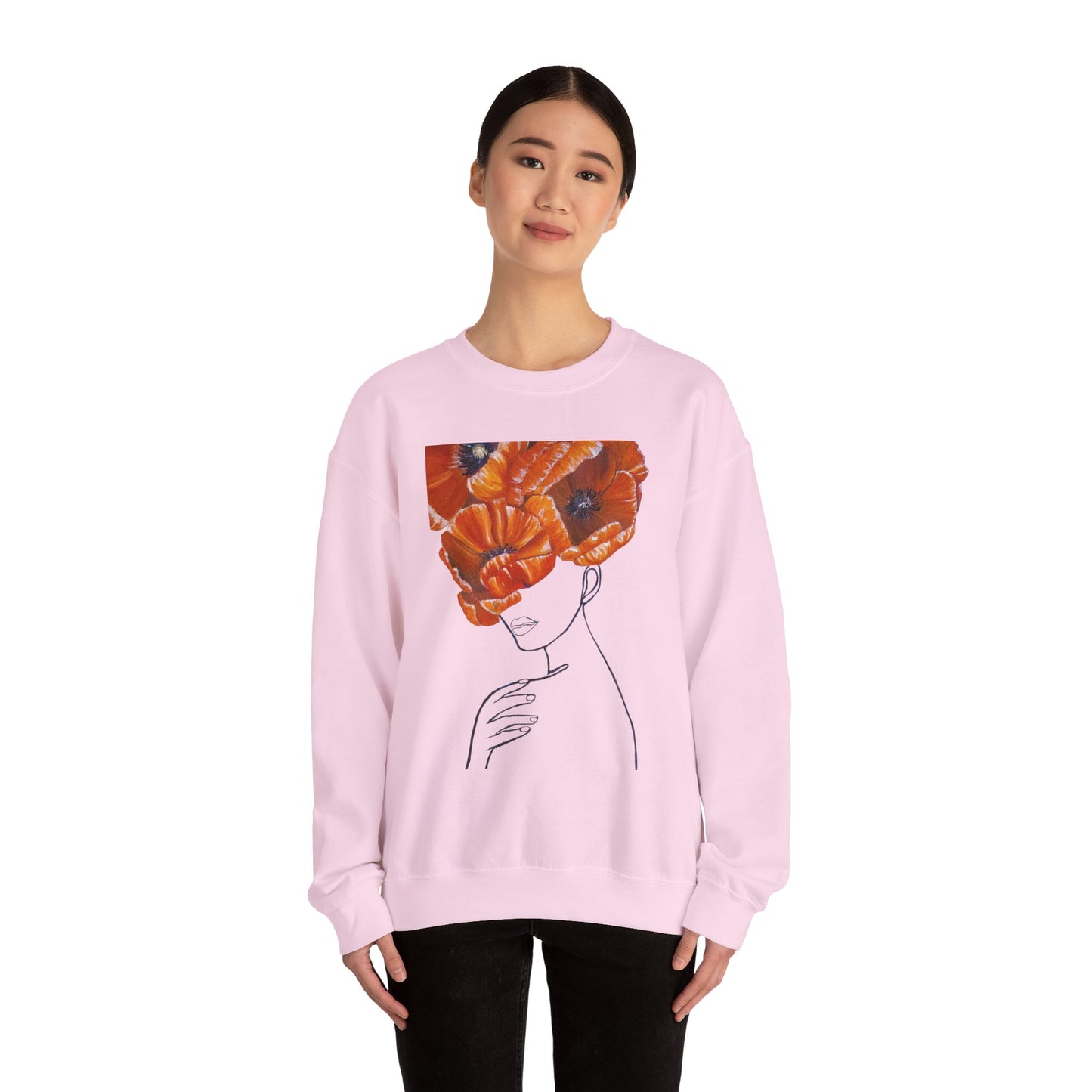 Poppy Headline Crewneck Sweatshirt — Floral Art Line Portrait