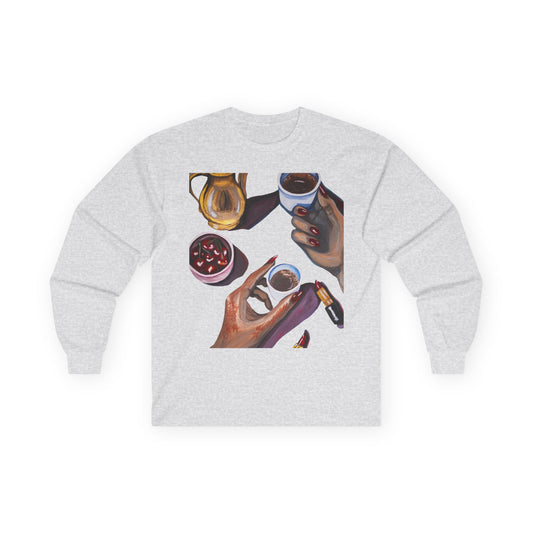 Coffee Artwork Long Sleeve Tee — Hands Sharing Coffee Graphic