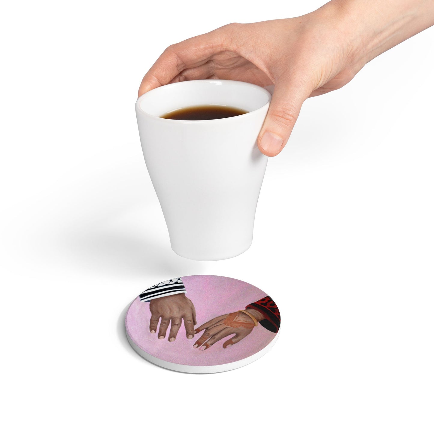 Ceramic Coaster — Intertwined Hands Pink Illustration (Romantic, Cultural)