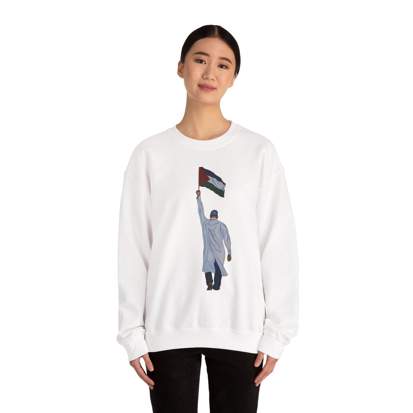 Crewneck Sweatshirt — Doctor Holding Palestinian Flag Illustration