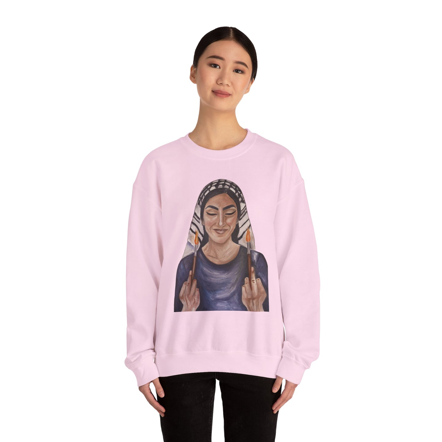 Crewneck Sweatshirt — Empowered Woman Art Print (middle fingers)