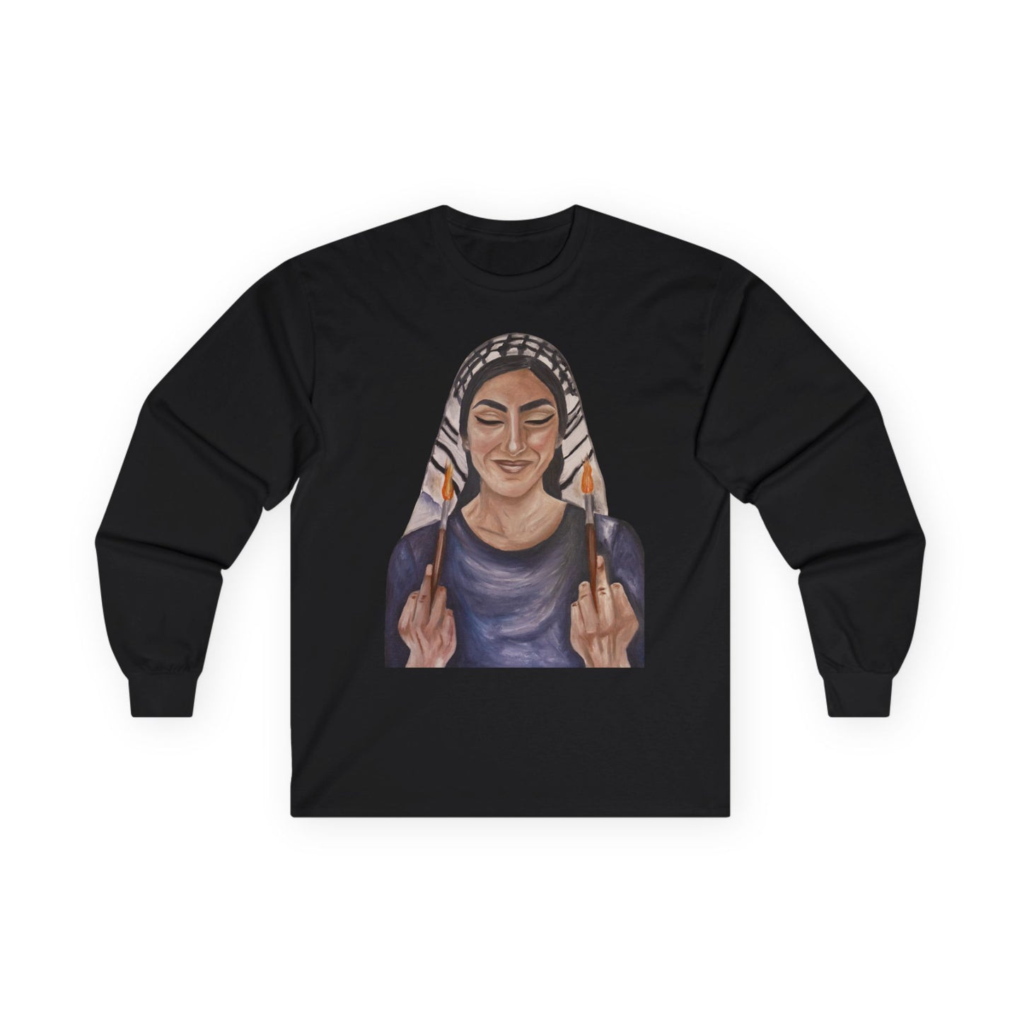 Long Sleeve Tee — Woman with Headscarf Flipping Off Middle Fingers Graphic