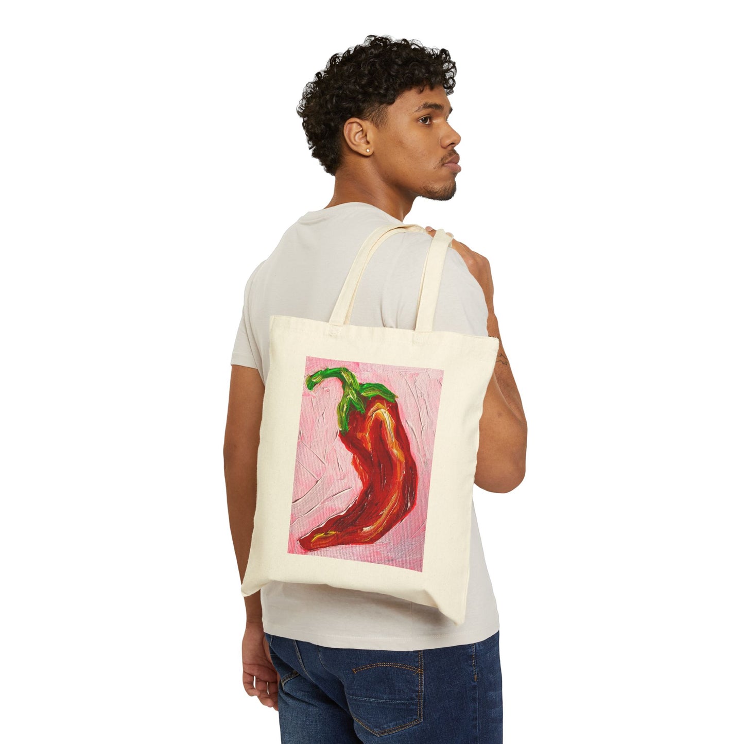 Spicy Red Pepper Canvas Tote Bag — Hand-Painted Chili Grocery Tote