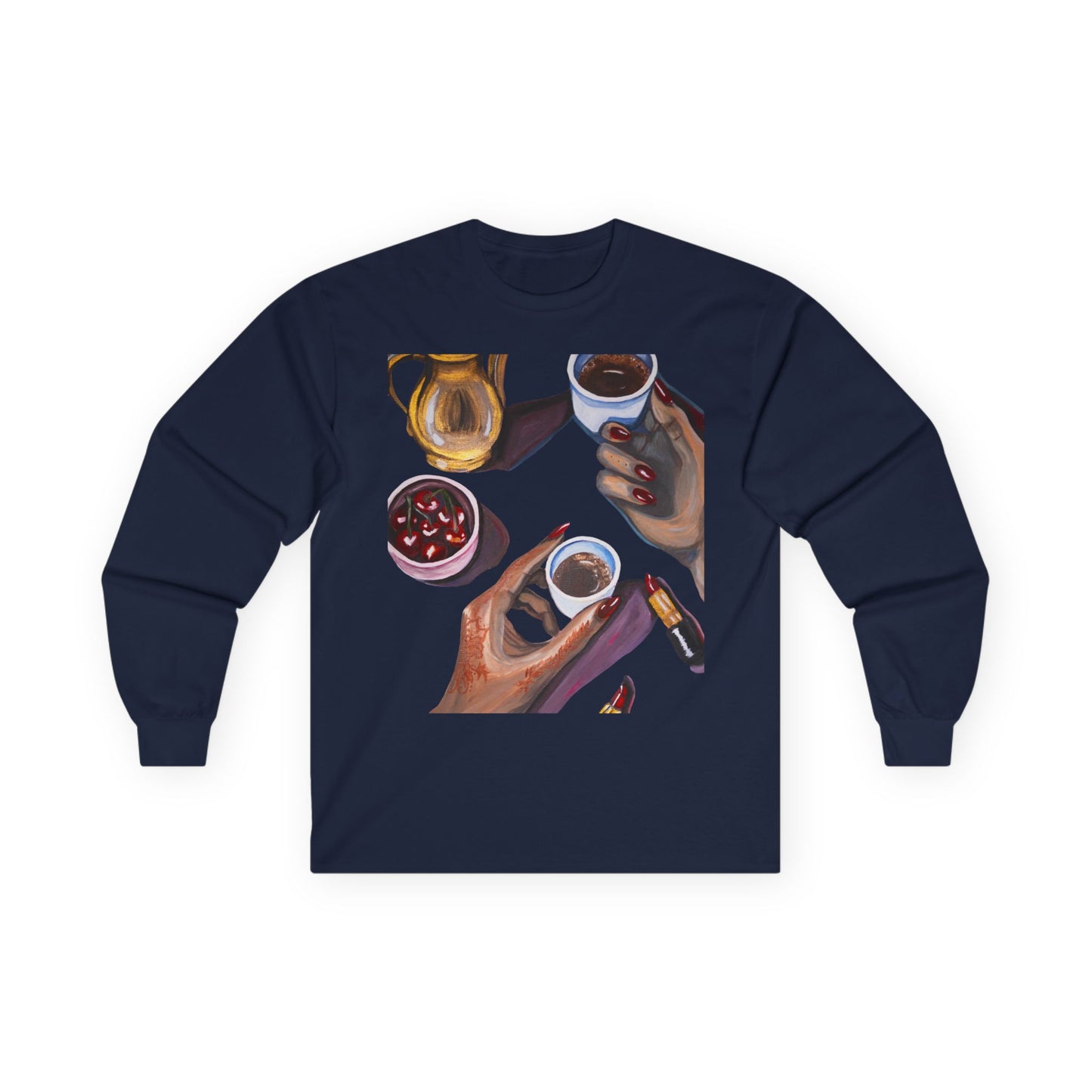 Coffee Artwork Long Sleeve Tee — Hands Sharing Coffee Graphic