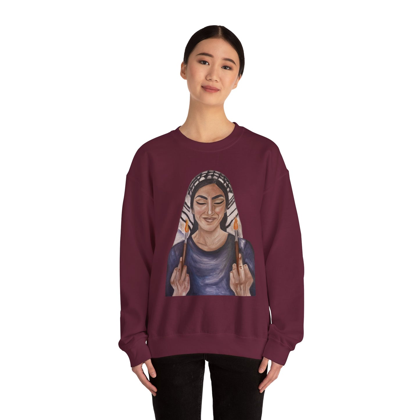 Crewneck Sweatshirt — Empowered Woman Art Print (middle fingers)