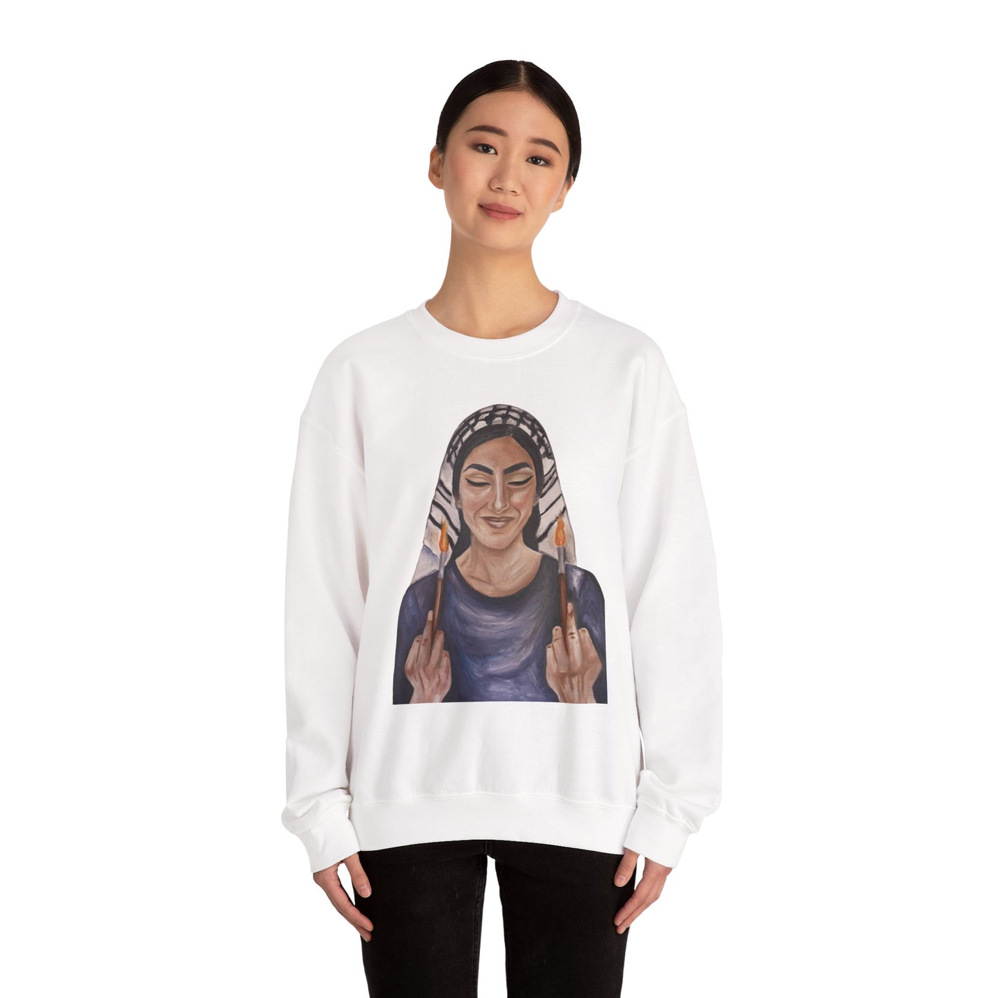 Crewneck Sweatshirt — Empowered Woman Art Print (middle fingers)