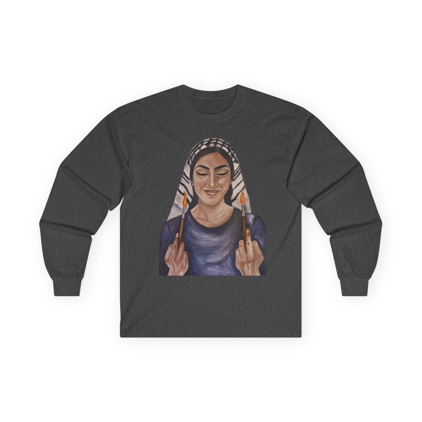Long Sleeve Tee — Woman with Headscarf Flipping Off Middle Fingers Graphic