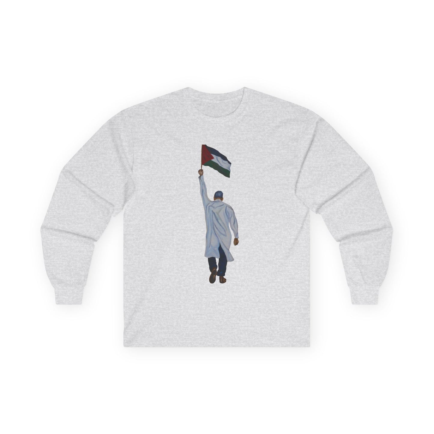 Long Sleeve Tee — Doctor Waving Palestine Flag Graphic