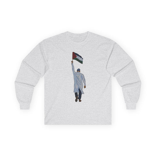 Long Sleeve Tee — Doctor Waving Palestine Flag Graphic