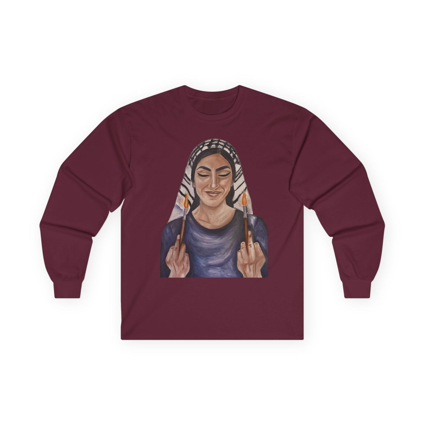 Long Sleeve Tee — Woman with Headscarf Flipping Off Middle Fingers Graphic