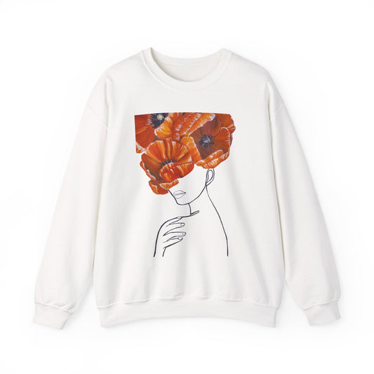Poppy Headline Crewneck Sweatshirt — Floral Art Line Portrait