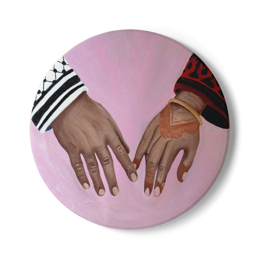 Ceramic Coaster — Intertwined Hands Pink Illustration (Romantic, Cultural)