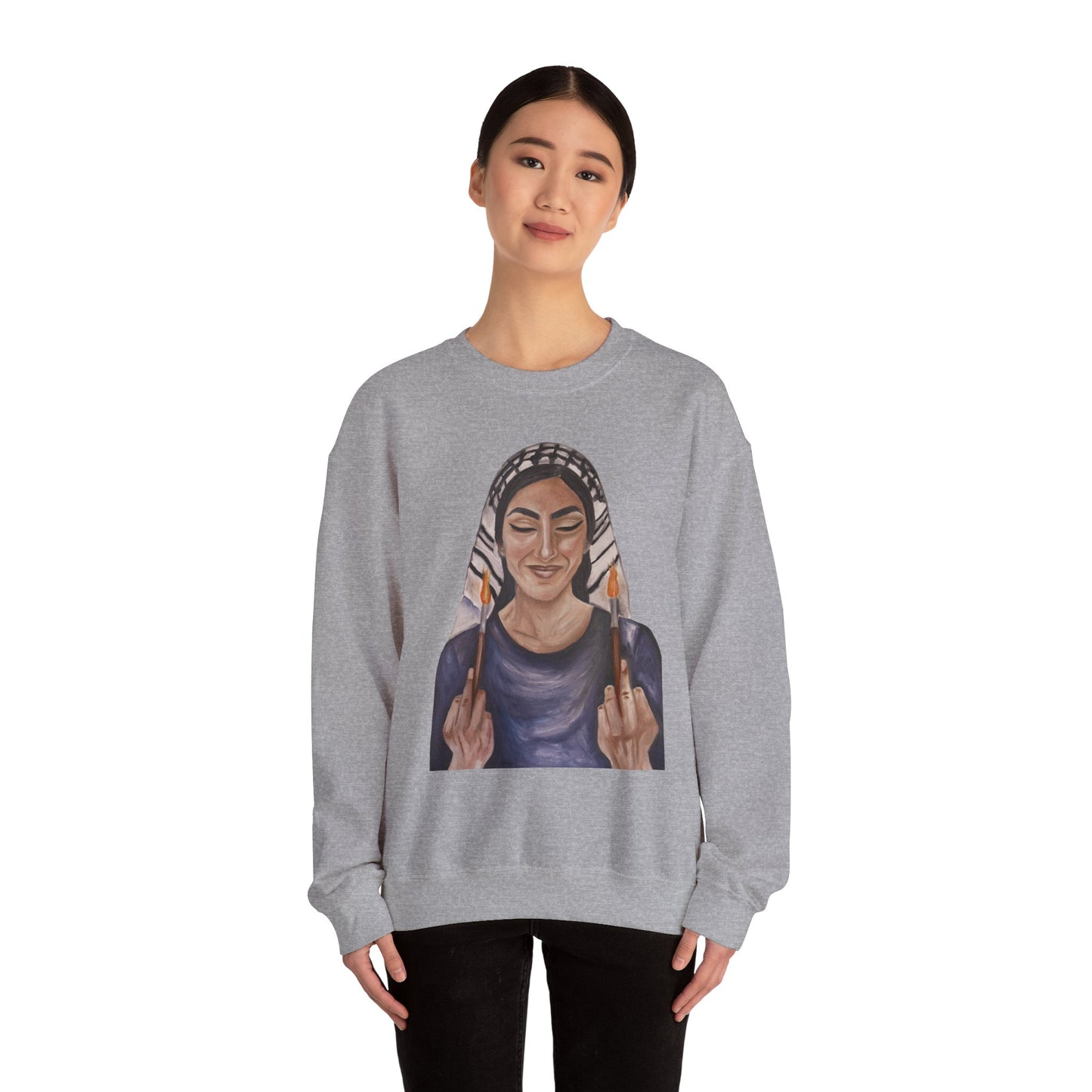 Crewneck Sweatshirt — Empowered Woman Art Print (middle fingers)