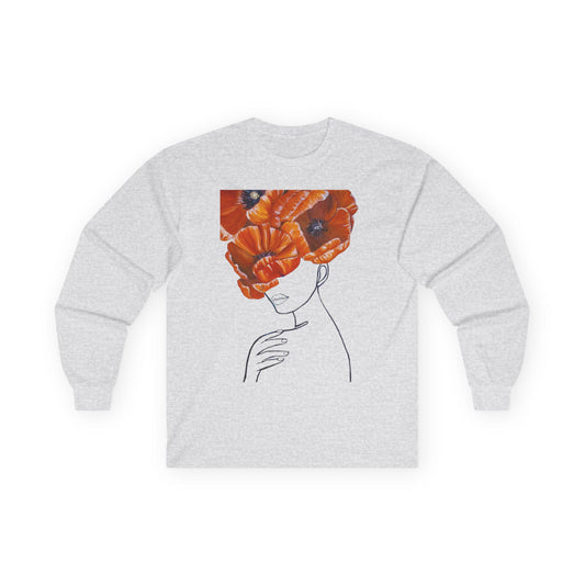 Floral Crown Long Sleeve Tee — Minimal Line Art Woman with Poppies