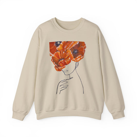 Poppy Headline Crewneck Sweatshirt — Floral Art Line Portrait
