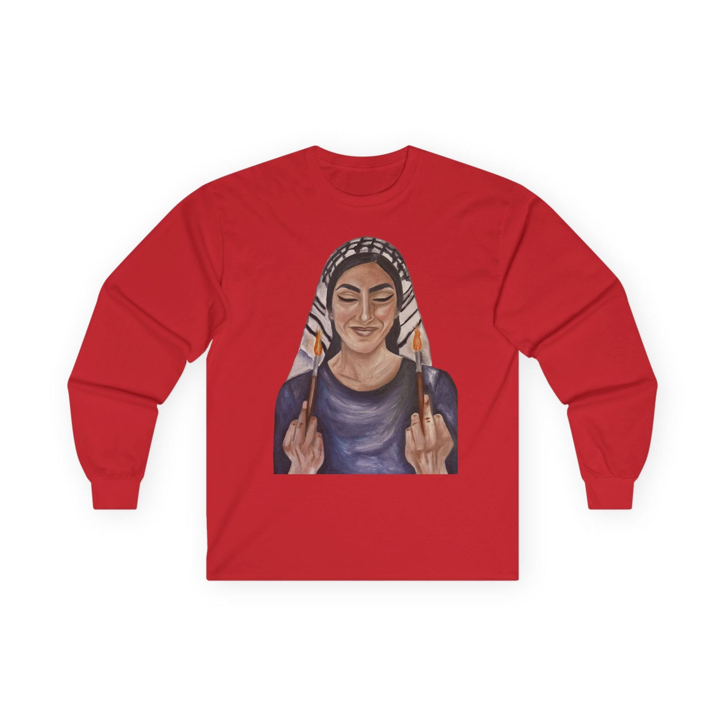 Long Sleeve Tee — Woman with Headscarf Flipping Off Middle Fingers Graphic