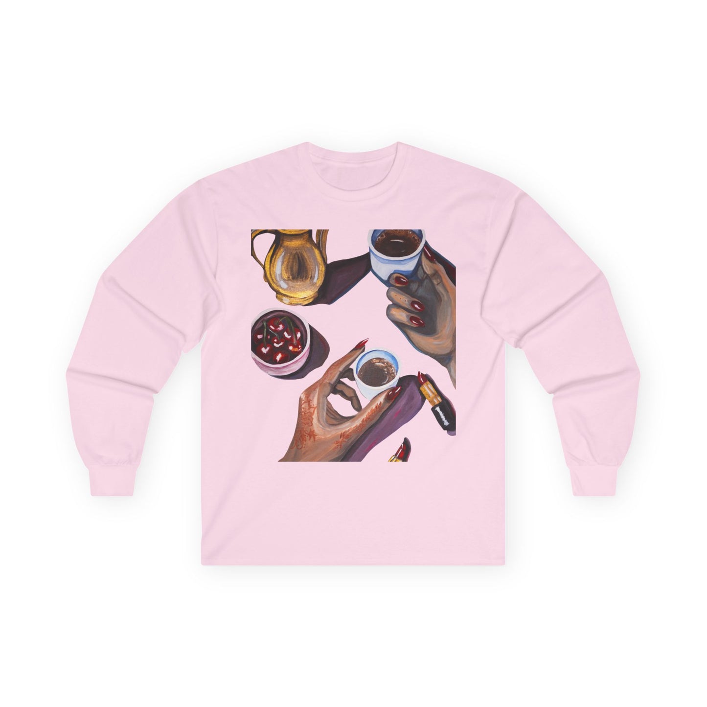 Coffee Artwork Long Sleeve Tee — Hands Sharing Coffee Graphic