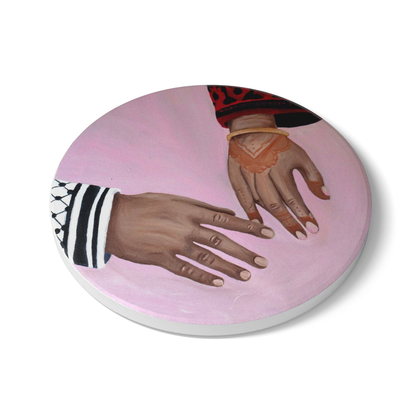 Ceramic Coaster — Intertwined Hands Pink Illustration (Romantic, Cultural)