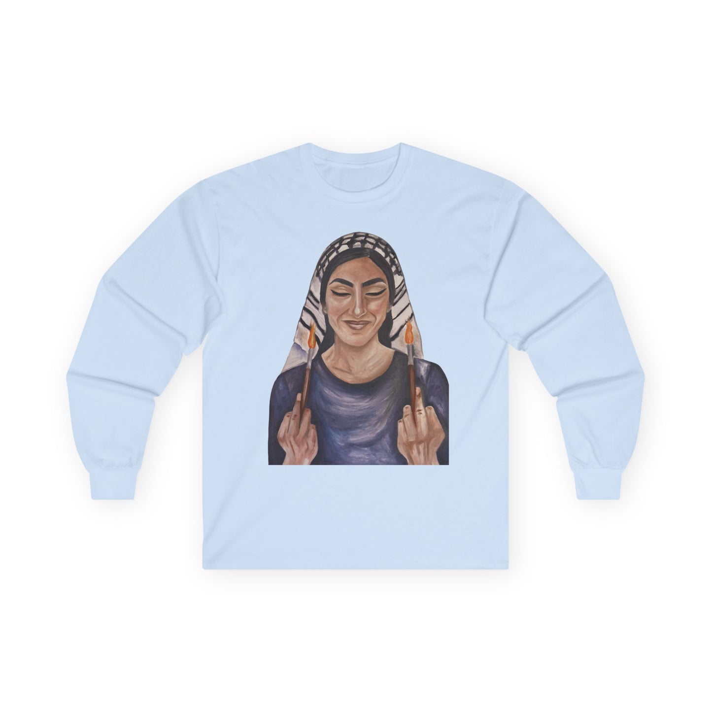 Long Sleeve Tee — Woman with Headscarf Flipping Off Middle Fingers Graphic