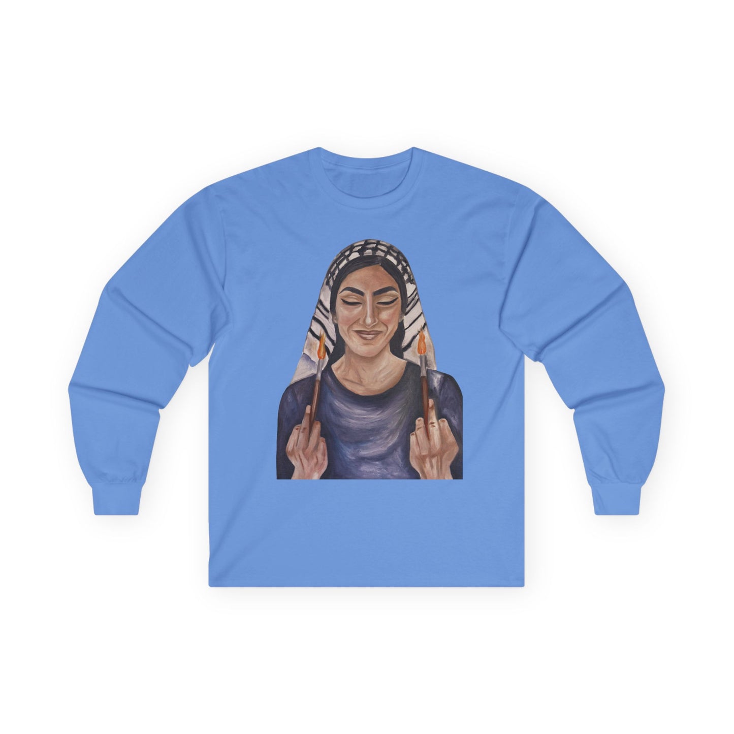 Long Sleeve Tee — Woman with Headscarf Flipping Off Middle Fingers Graphic