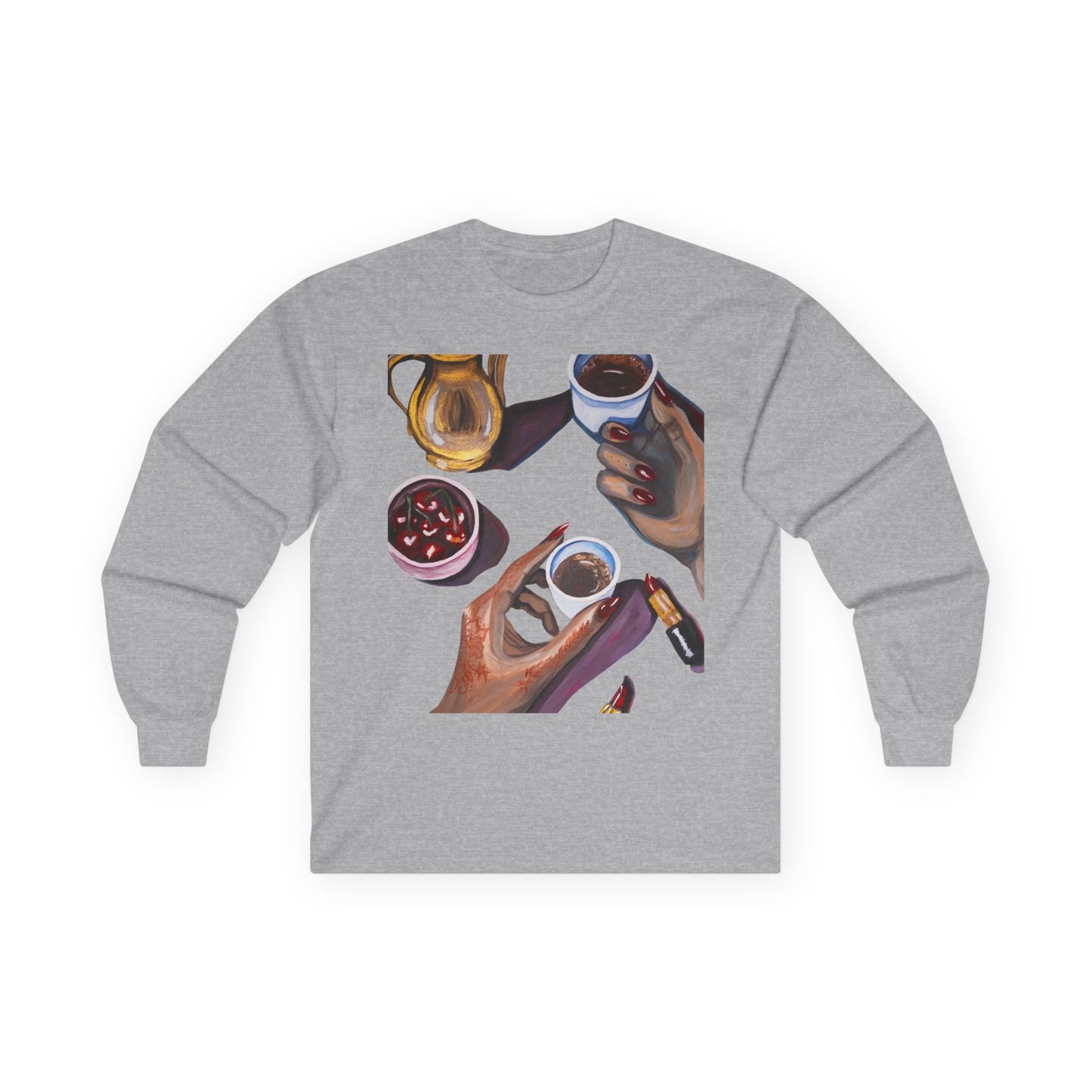 Coffee Artwork Long Sleeve Tee — Hands Sharing Coffee Graphic