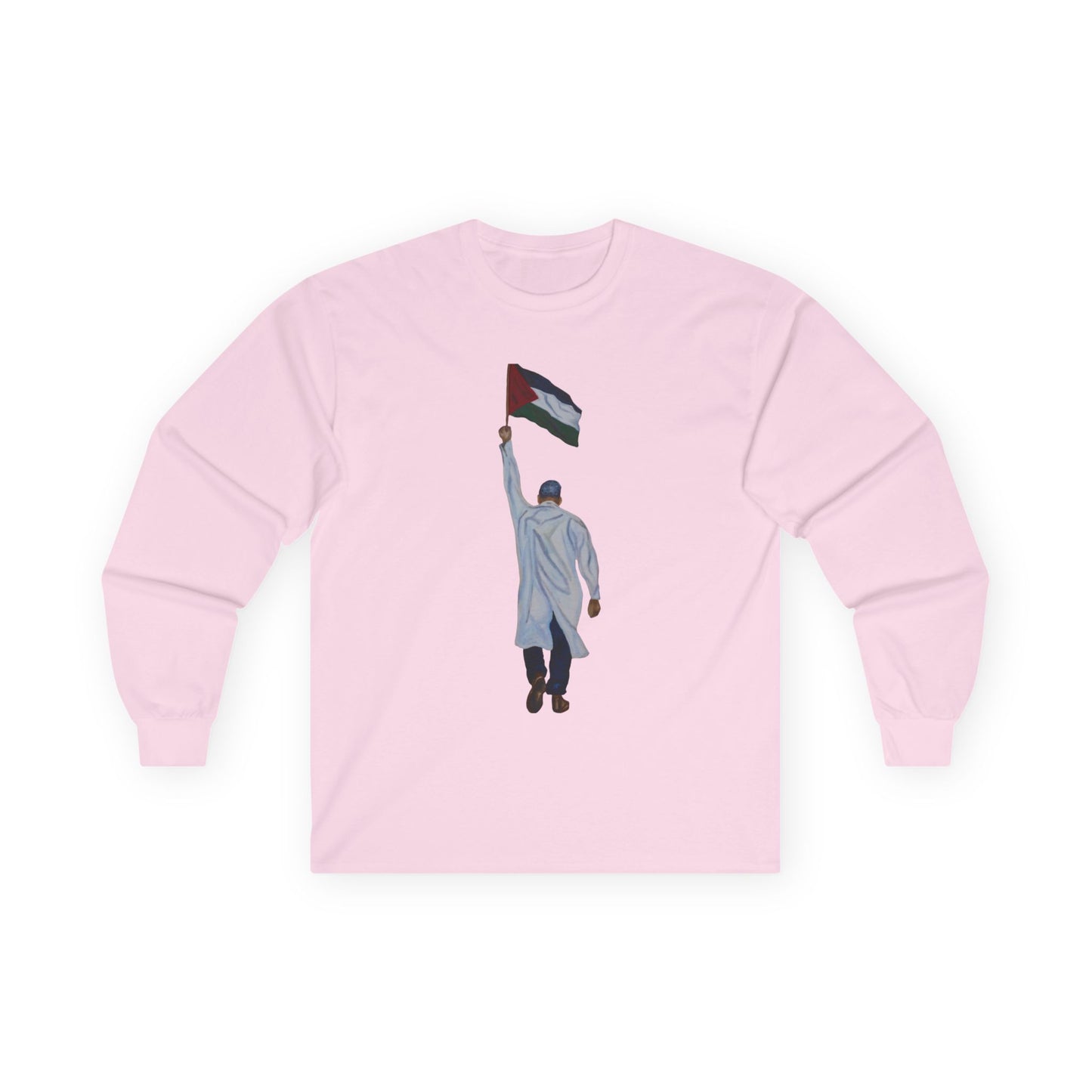 Long Sleeve Tee — Doctor Waving Palestine Flag Graphic
