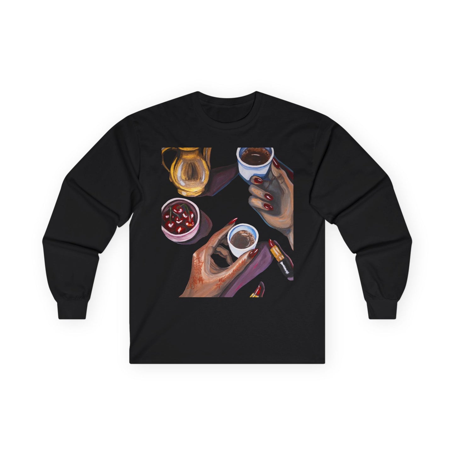Coffee Artwork Long Sleeve Tee — Hands Sharing Coffee Graphic