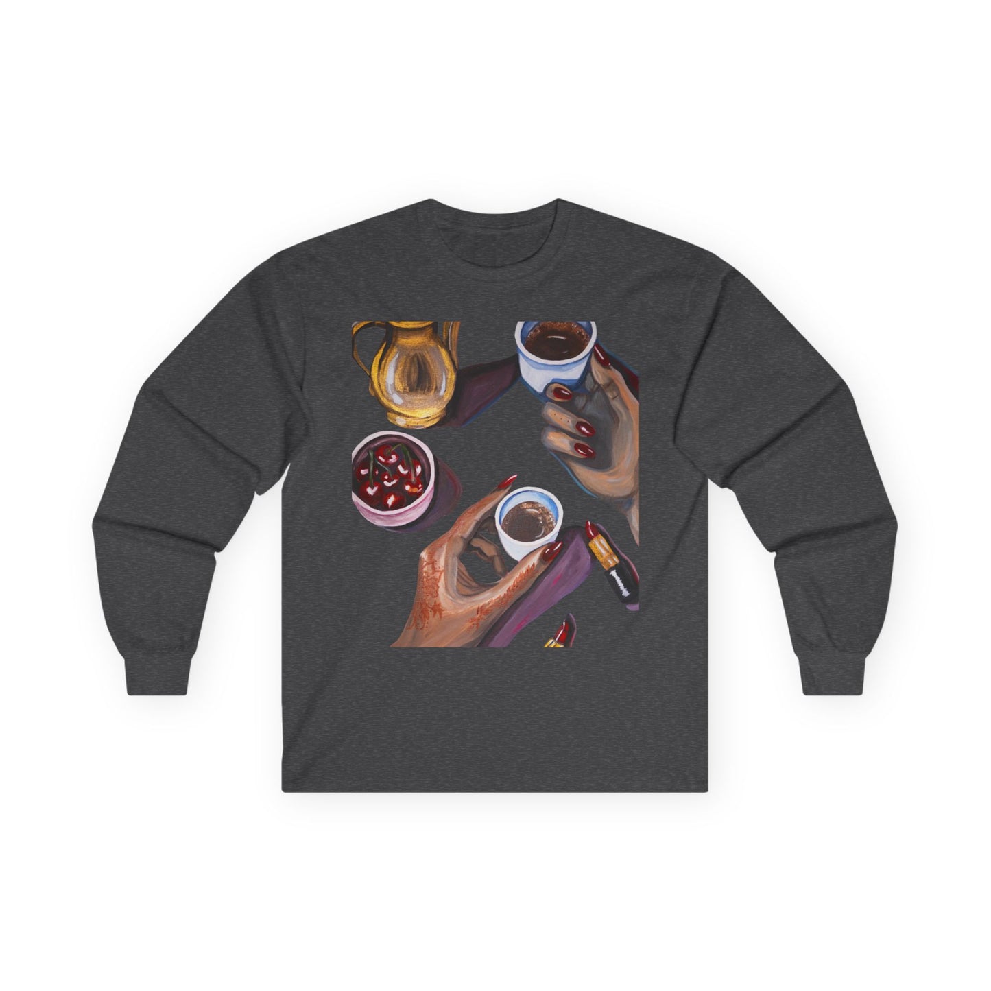 Coffee Artwork Long Sleeve Tee — Hands Sharing Coffee Graphic