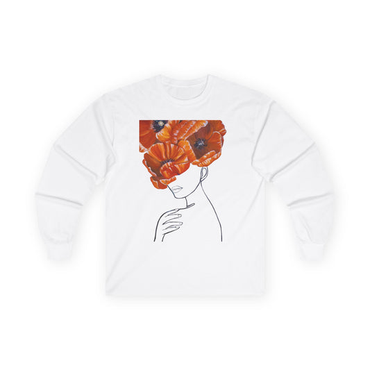 Floral Crown Long Sleeve Tee — Minimal Line Art Woman with Poppies