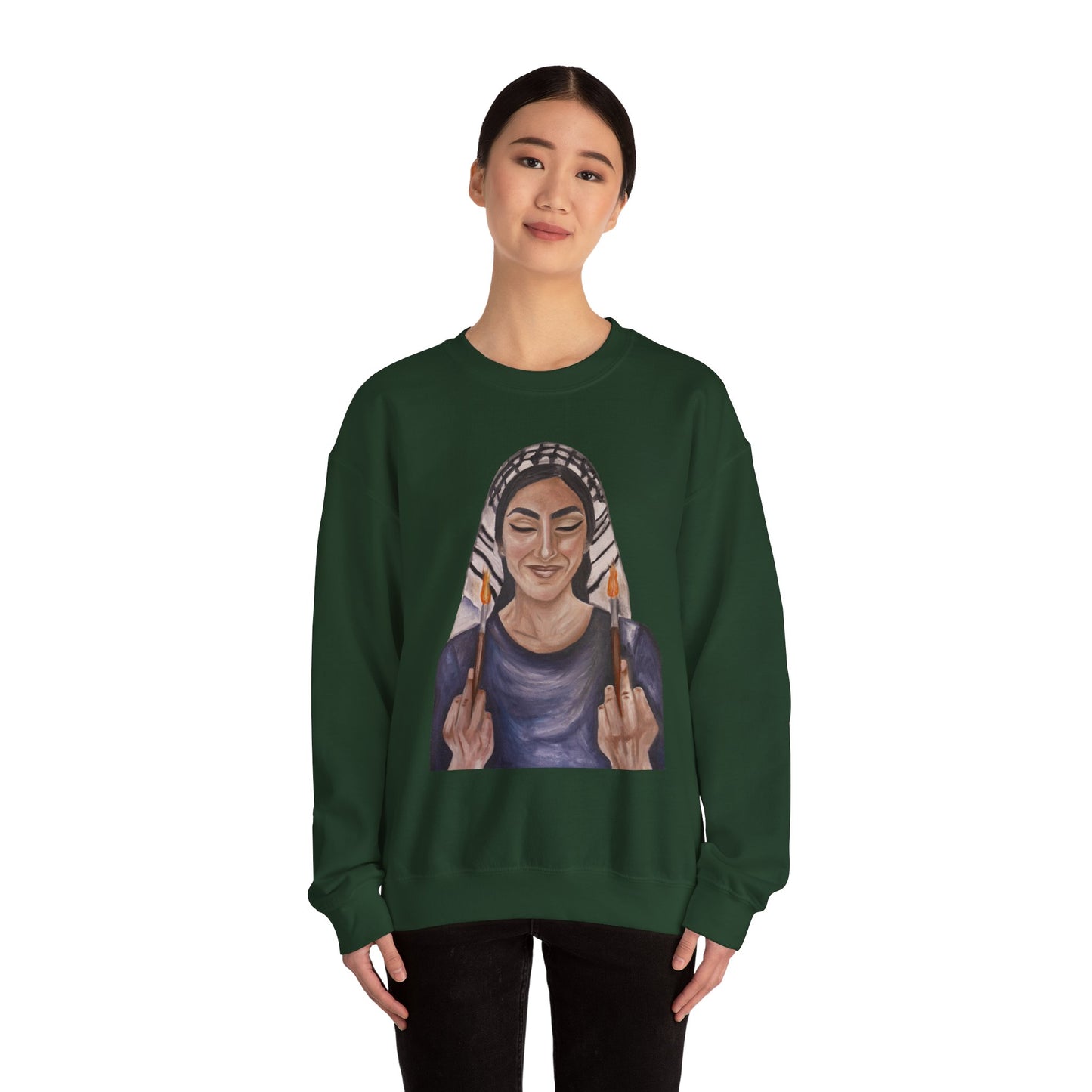 Crewneck Sweatshirt — Empowered Woman Art Print (middle fingers)