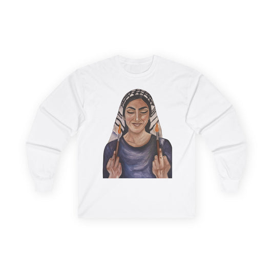 Long Sleeve Tee — Woman with Headscarf Flipping Off Middle Fingers Graphic