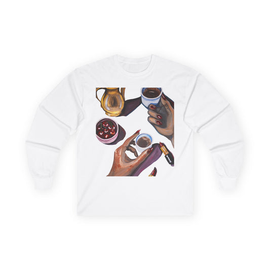 Coffee Artwork Long Sleeve Tee — Hands Sharing Coffee Graphic