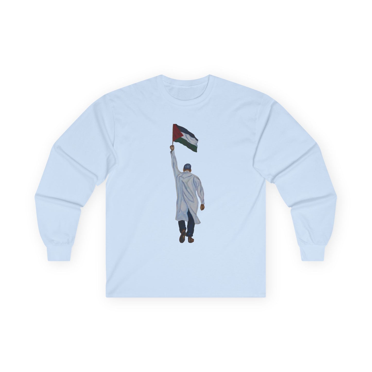Long Sleeve Tee — Doctor Waving Palestine Flag Graphic