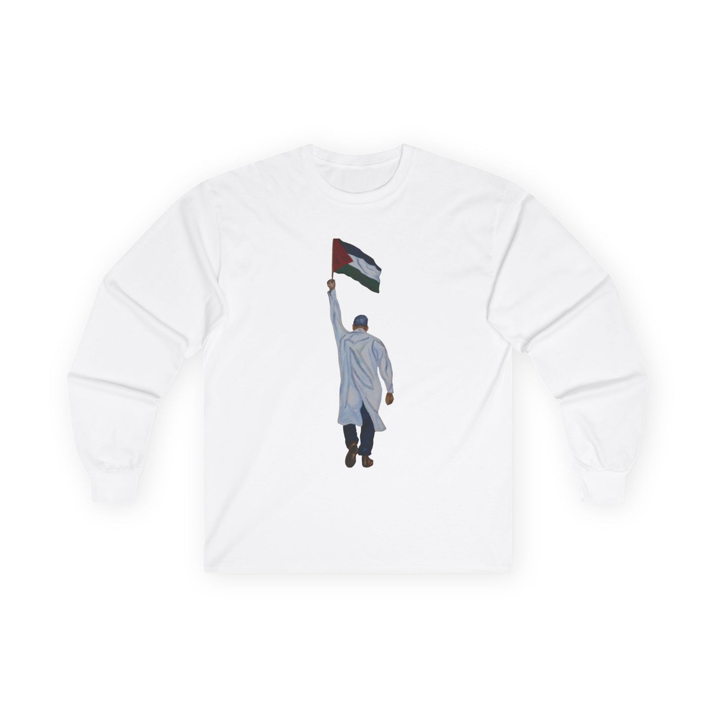 Long Sleeve Tee — Doctor Waving Palestine Flag Graphic