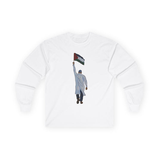 Long Sleeve Tee — Doctor Waving Palestine Flag Graphic