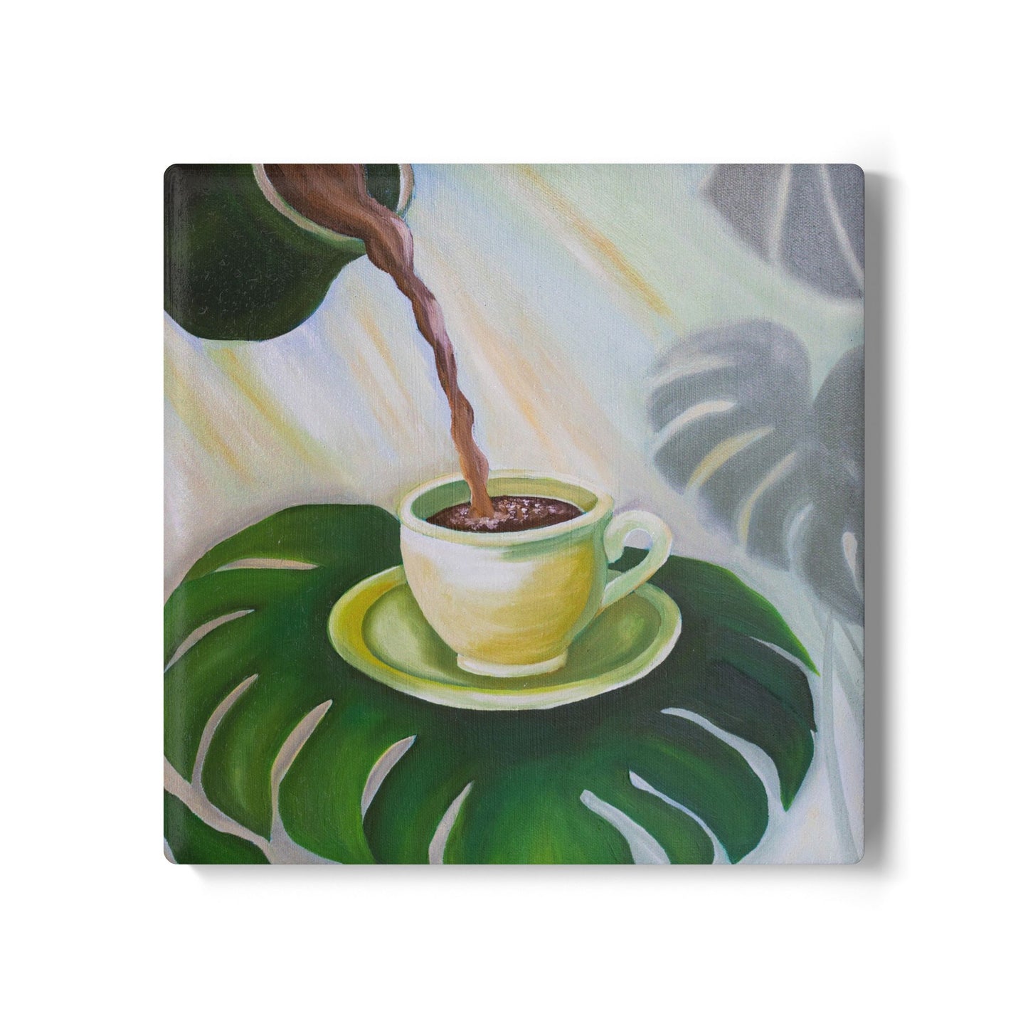 Tropical Coffee Ceramic Coaster — Green Monstera Cup Art