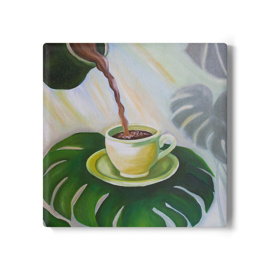 Tropical Coffee Ceramic Coaster — Green Monstera Cup Art
