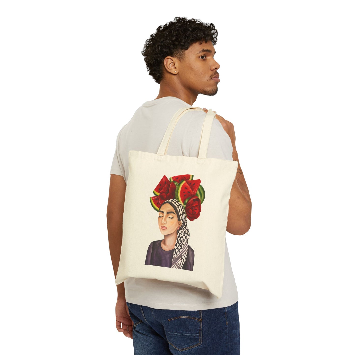 Tote Bag — Artistic Woman Portrait with Watermelon Headdress Canvas Tote