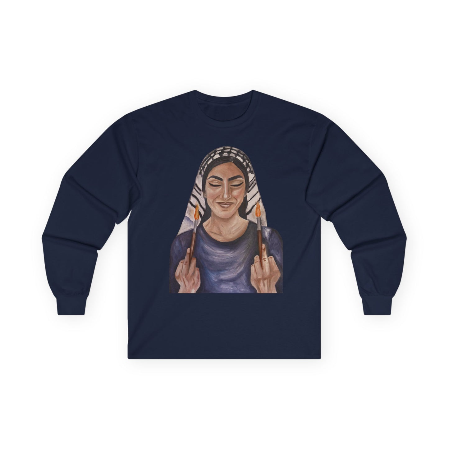 Long Sleeve Tee — Woman with Headscarf Flipping Off Middle Fingers Graphic