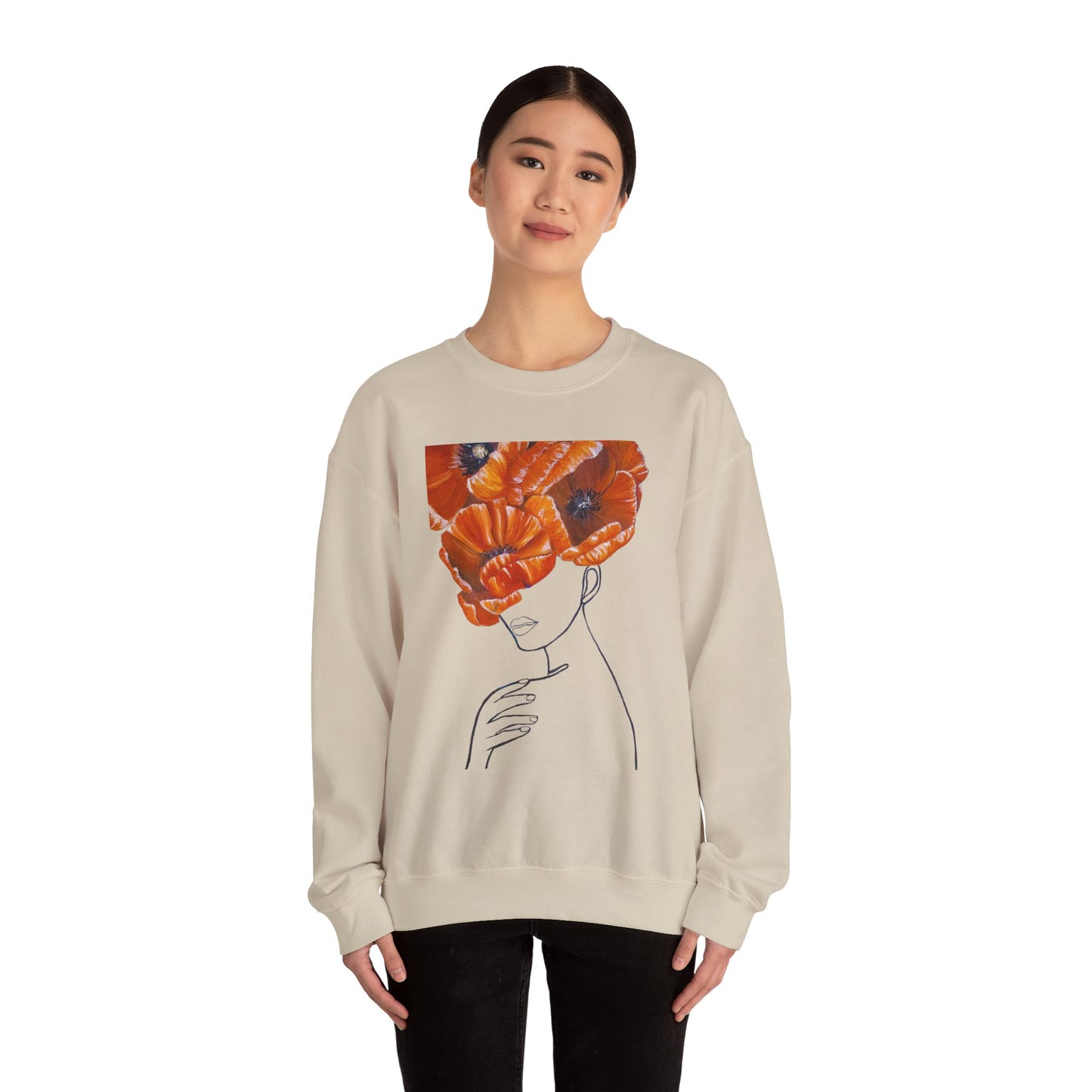 Poppy Headline Crewneck Sweatshirt — Floral Art Line Portrait