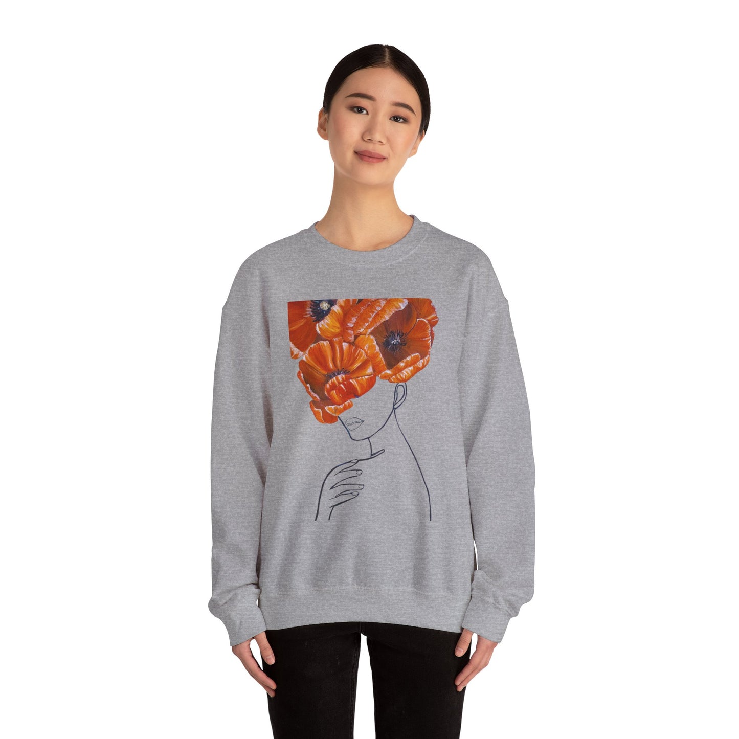 Poppy Headline Crewneck Sweatshirt — Floral Art Line Portrait