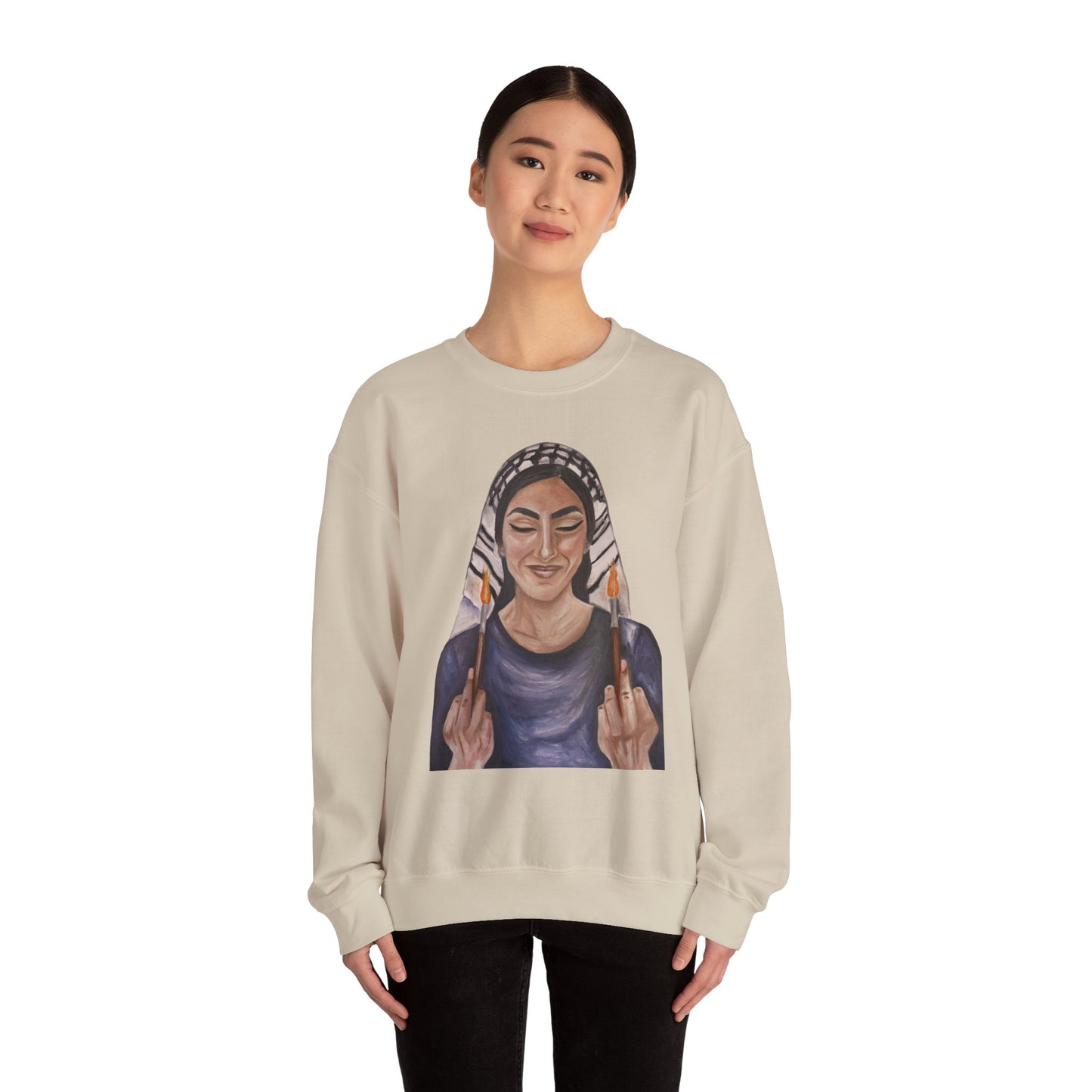 Crewneck Sweatshirt — Empowered Woman Art Print (middle fingers)
