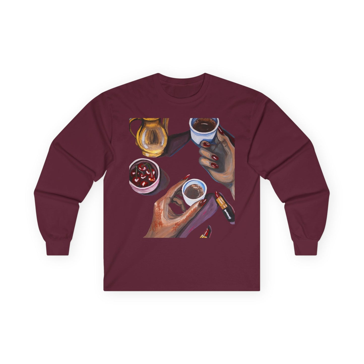 Coffee Artwork Long Sleeve Tee — Hands Sharing Coffee Graphic