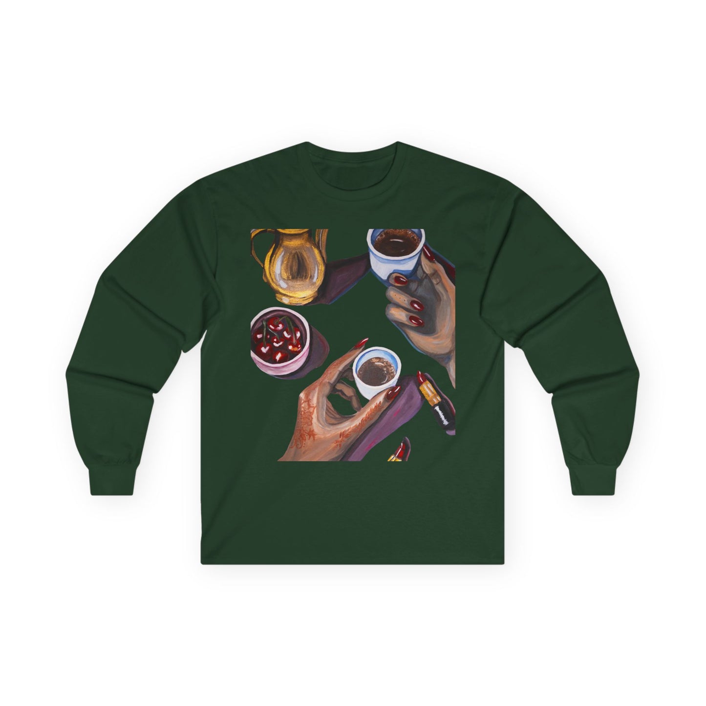 Coffee Artwork Long Sleeve Tee — Hands Sharing Coffee Graphic