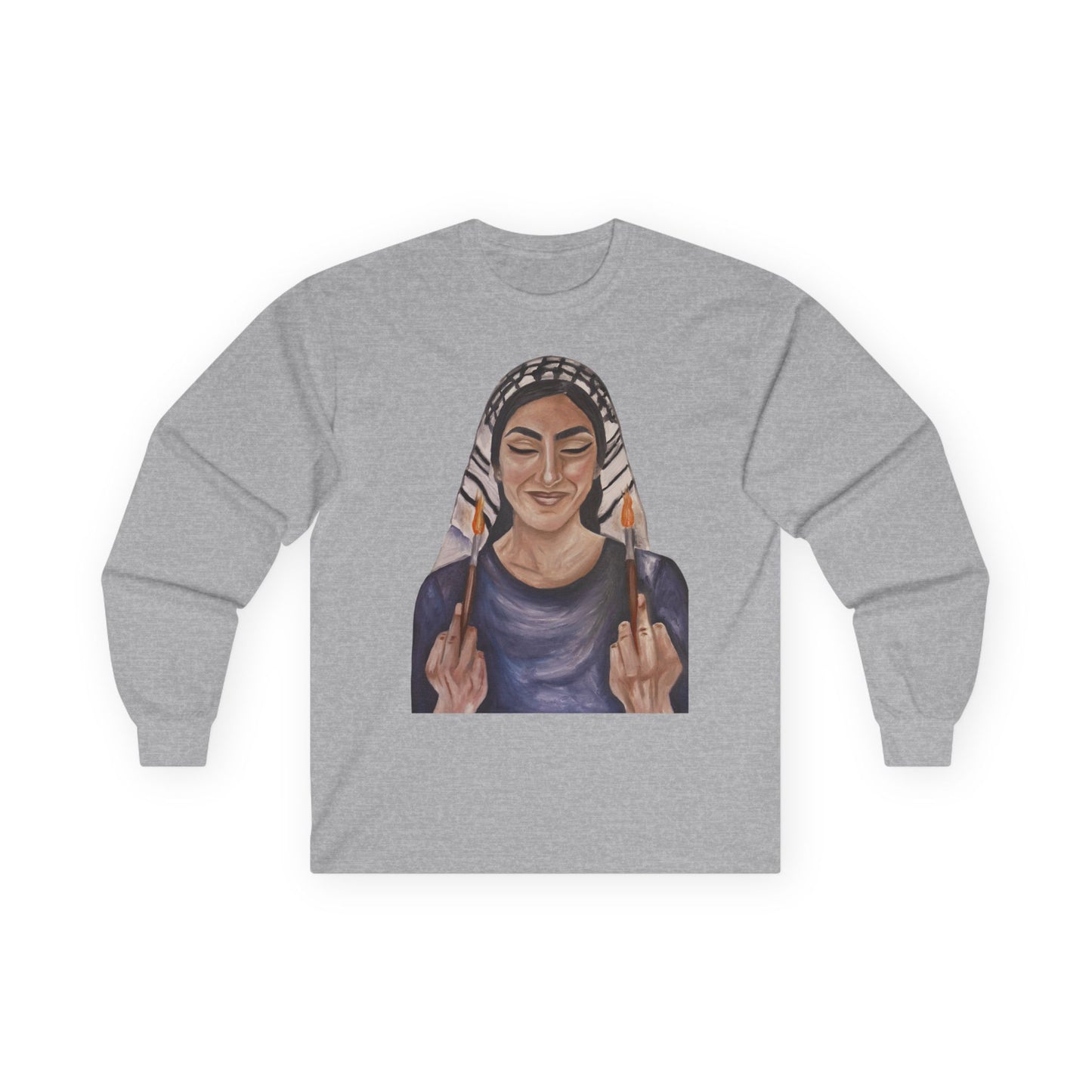 Long Sleeve Tee — Woman with Headscarf Flipping Off Middle Fingers Graphic