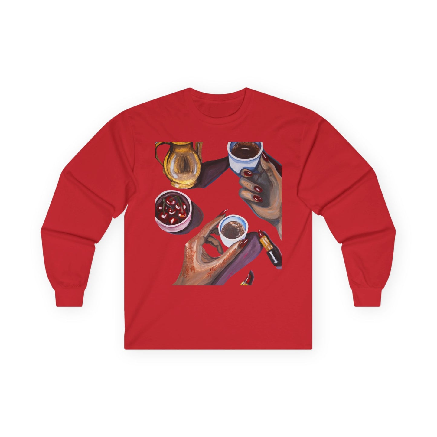 Coffee Artwork Long Sleeve Tee — Hands Sharing Coffee Graphic