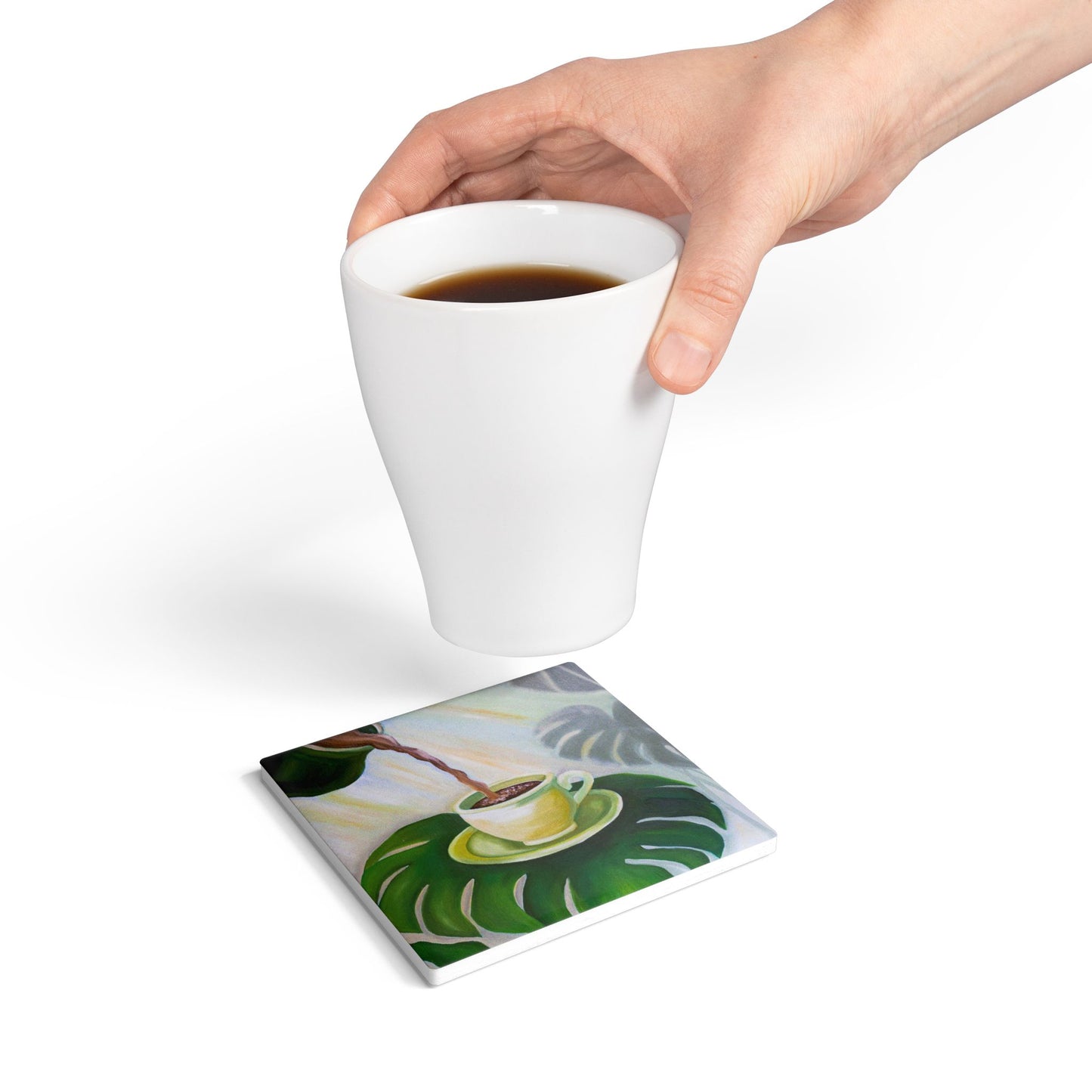 Tropical Coffee Ceramic Coaster — Green Monstera Cup Art