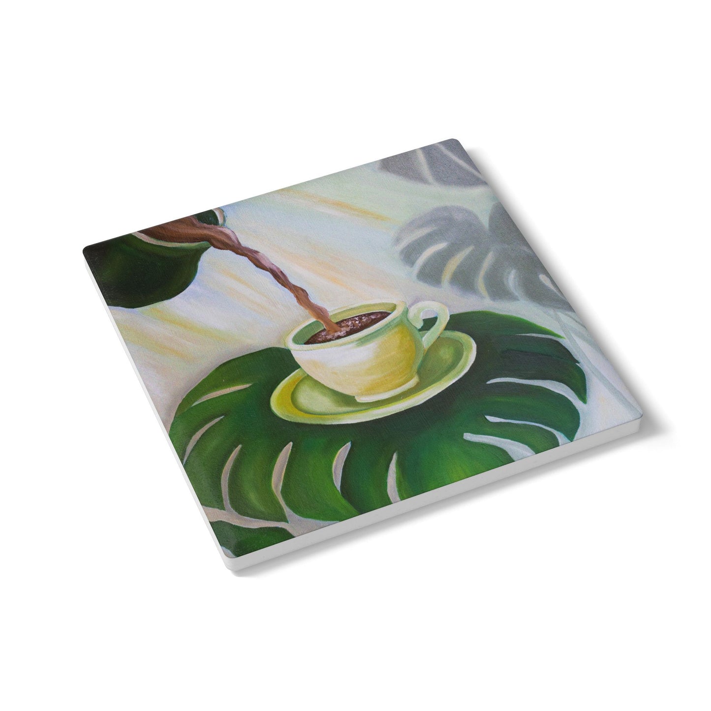 Tropical Coffee Ceramic Coaster — Green Monstera Cup Art