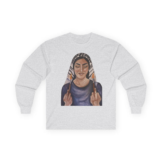 Long Sleeve Tee — Woman with Headscarf Flipping Off Middle Fingers Graphic