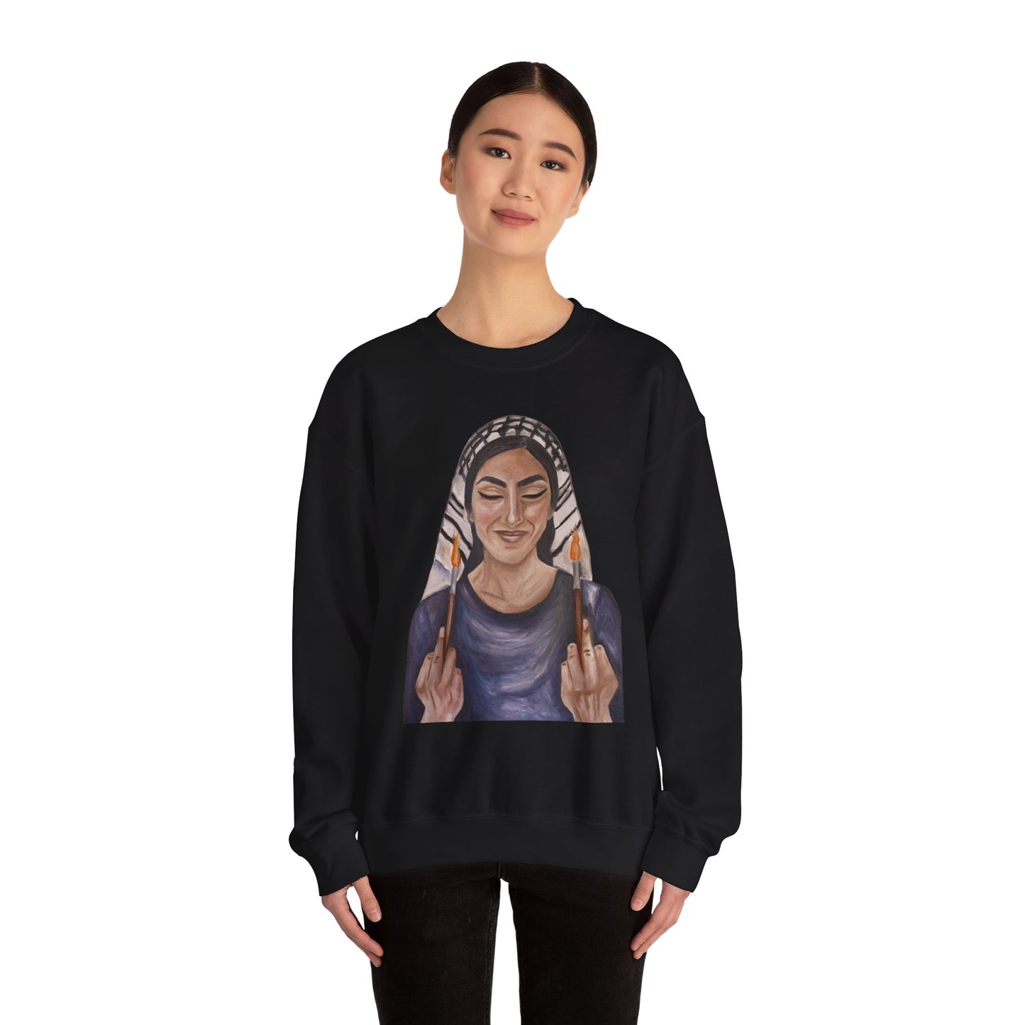 Crewneck Sweatshirt — Empowered Woman Art Print (middle fingers)